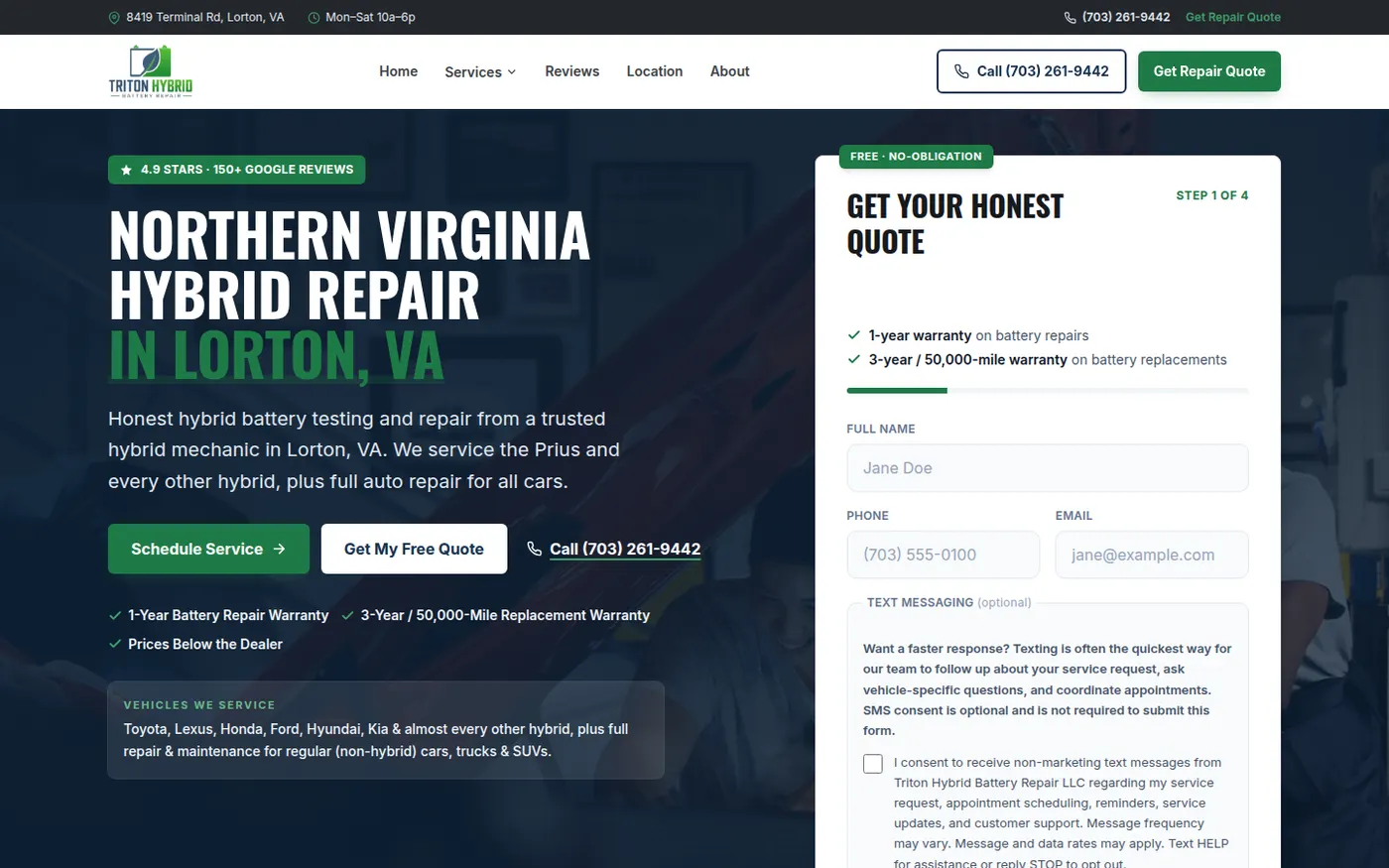 Triton Hybrid Battery Repair website homepage screenshot